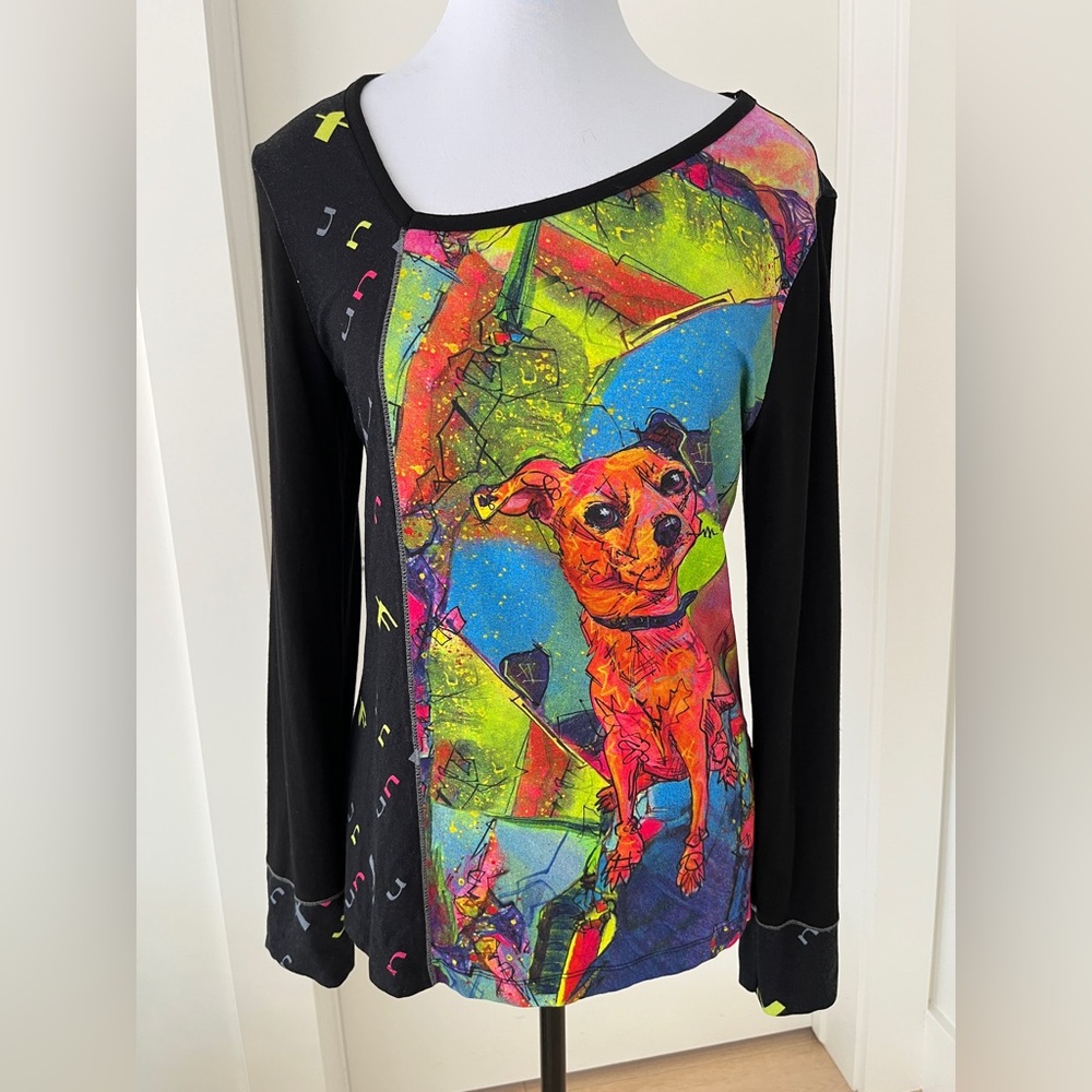 Simply Art by Dolcezza Long Sleeve Pullover Top Dog Painting Fun Spell Out Artsy